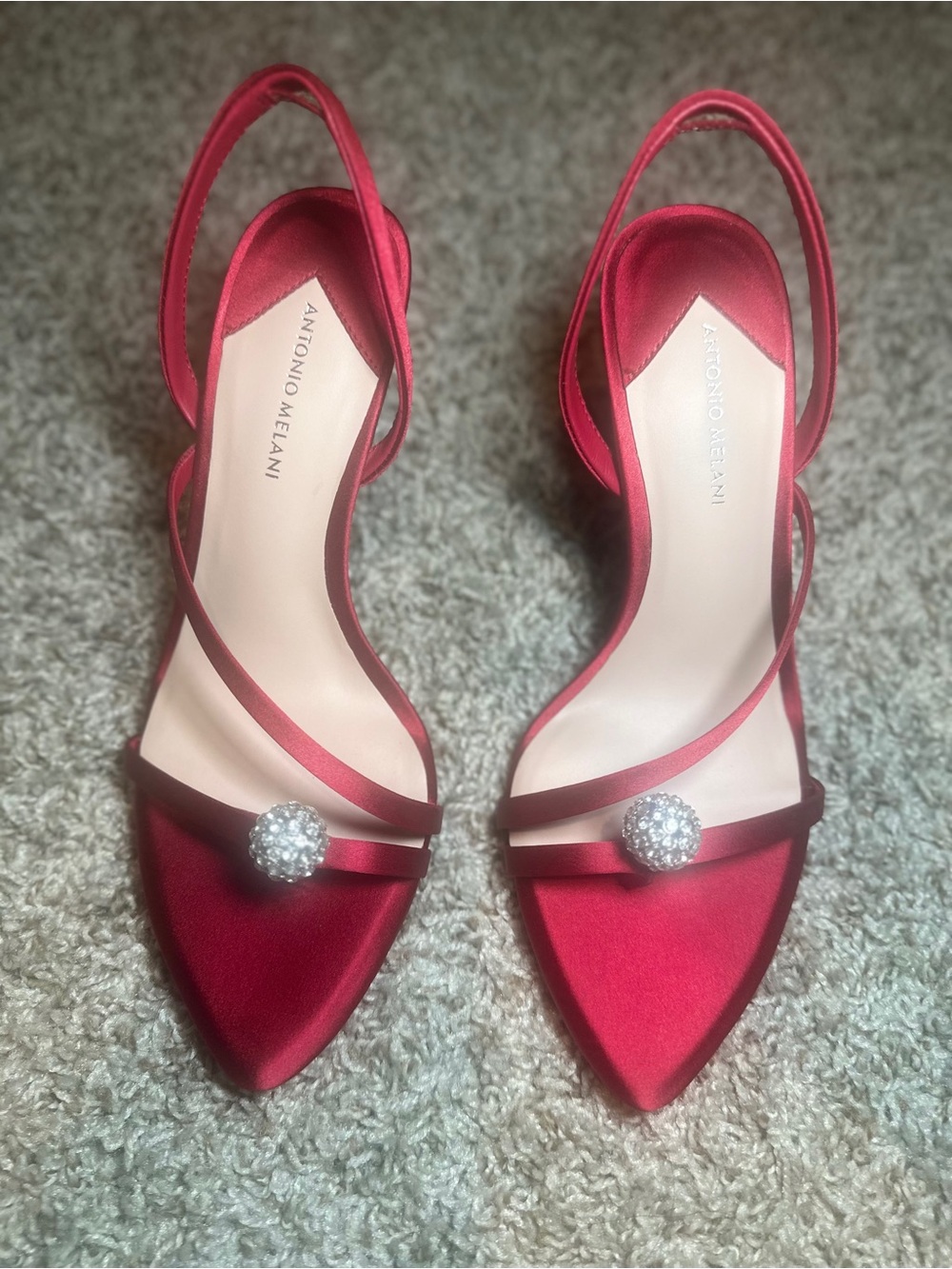 ANTONIO MELANI Red Satin Pointed Slingback Heels with Crystal Orb